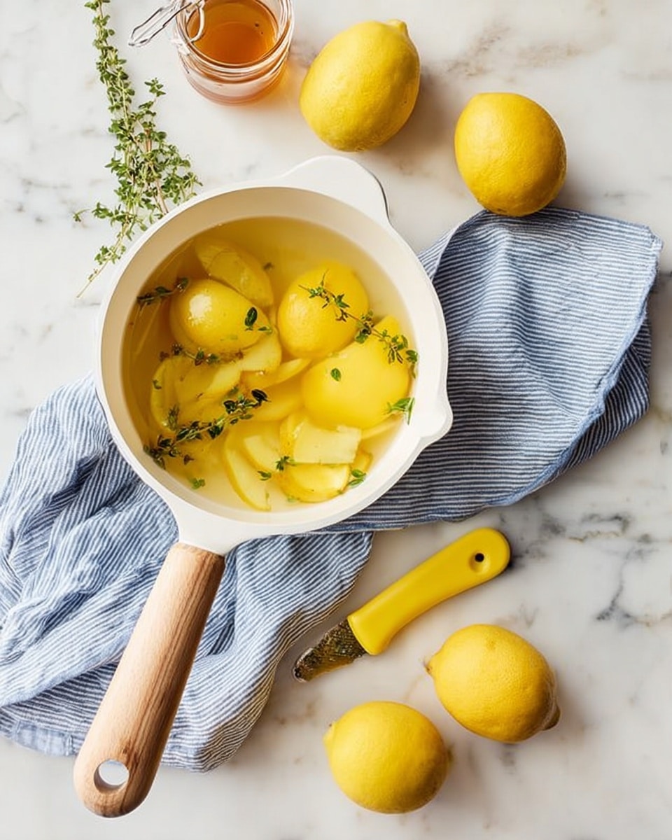 A white saucepan with a light wooden handle is filled with a clear yellow liquid, floating with light yellow lemon peels and small green herb sprigs. The saucepan rests on a soft blue and white striped cloth, all placed on a white marbled surface. Nearby, there are four whole yellow lemons, a small jar of golden honey, some green herb sprigs, and a bright yellow peeler. The scene looks fresh and bright with soft natural light. photo taken with an iphone --ar 4:5 --v 7