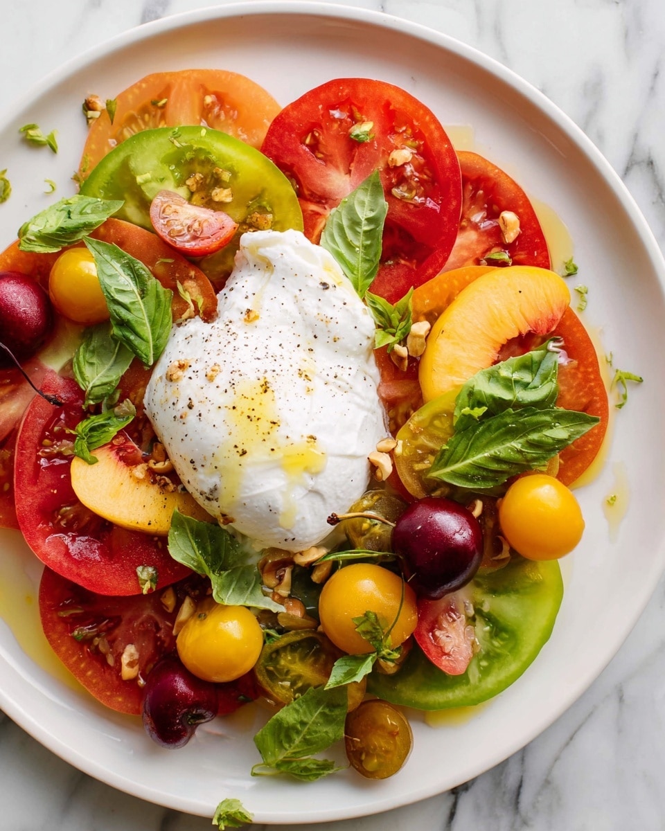 A white plate holds a colorful fresh salad with one main layer of mixed sliced tomatoes in red, green, and yellow shades arranged around the plate. On top of the tomatoes, a large dollop of soft, white creamy cheese sits in the center, sprinkled lightly with black pepper and drizzled with golden olive oil. Around the cheese and on the tomatoes, there are bright green basil leaves scattered evenly, small yellow cherry tomatoes, red cherries with stems, and slices of orange-yellow peach adding more color and texture. Small pieces of chopped nuts are sprinkled lightly throughout the salad. The plate is set on a white marbled surface. Photo taken with an iphone --ar 4:5 --v 7