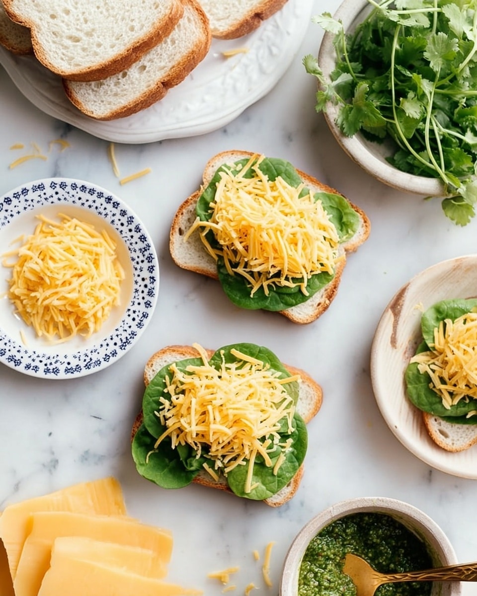 The image shows three slices of white bread placed on a white marbled surface. Each slice has a layer of fresh green spinach leaves, topped with a mound of yellow shredded cheese. To the left, a small white plate with blue dots holds more shredded cheese. At the bottom right, there is a bowl with green pesto and a gold spoon inside. Near the bottom, slices of yellow cheese are arranged in a stack. A woman's hand is holding one slice of bread, and there is a white plate with more bread slices in the upper left corner. Fresh green herbs are also visible on the right side, placed in a beige bowl. The whole setup is bright and clean. photo taken with an iphone --ar 4:5 --v 7