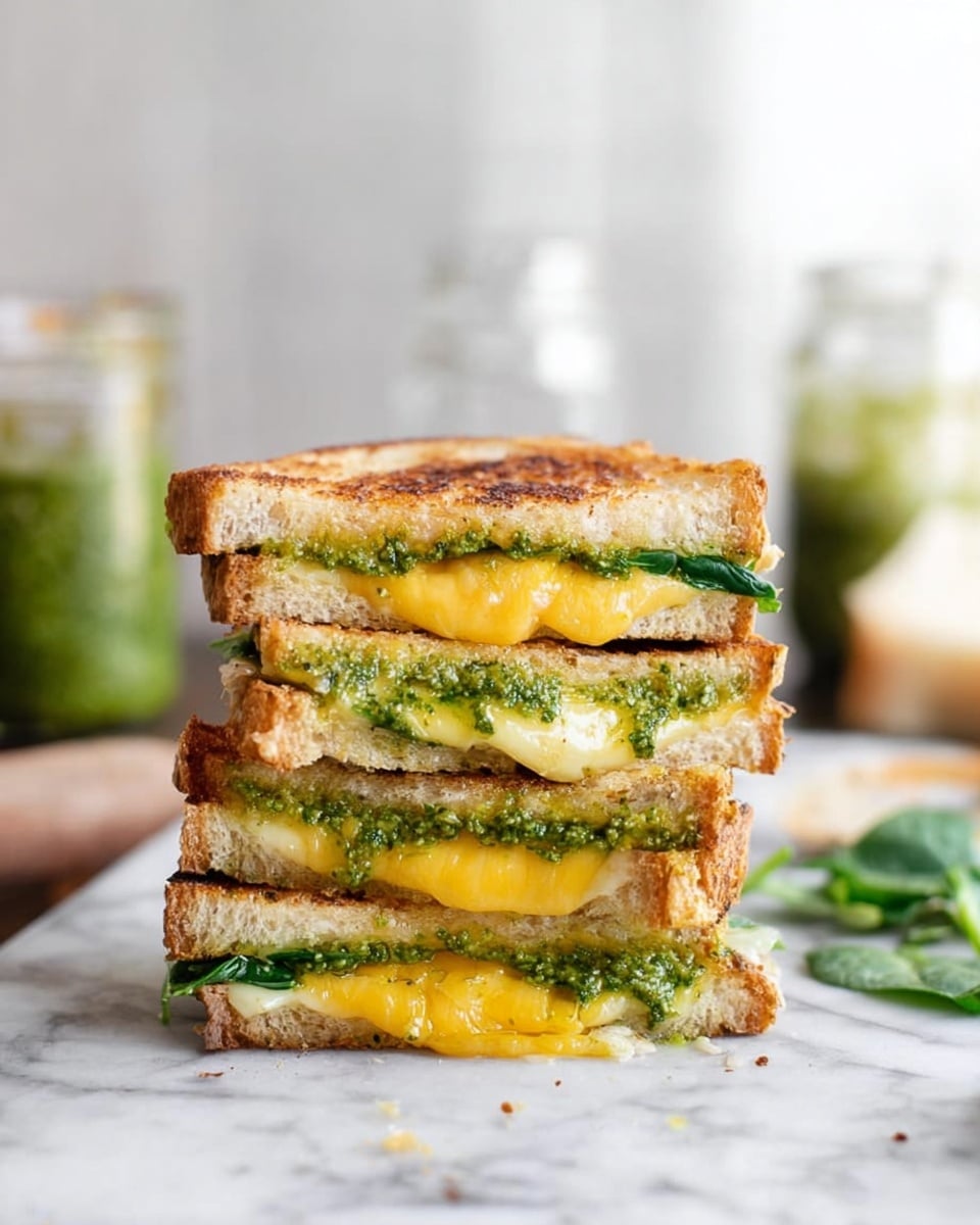 A stack of four grilled cheese sandwich halves is placed on a white marbled surface, each sandwich showing three visible layers: a golden toasted outer bread layer with slightly browned edges, a middle layer of melted yellow cheese that looks smooth and creamy, and a green pesto spread combined with fresh green spinach leaves as the inner layer. The sandwiches are neatly stacked, with the bottom of one sandwich resting on the melted cheese and pesto layers of the sandwich below, creating a colorful contrast of green, yellow, and golden brown. In the background, there is a white marbled surface with blurred jars and containers, including one filled with green pesto sauce. The photo taken with an iphone --ar 4:5 --v 7