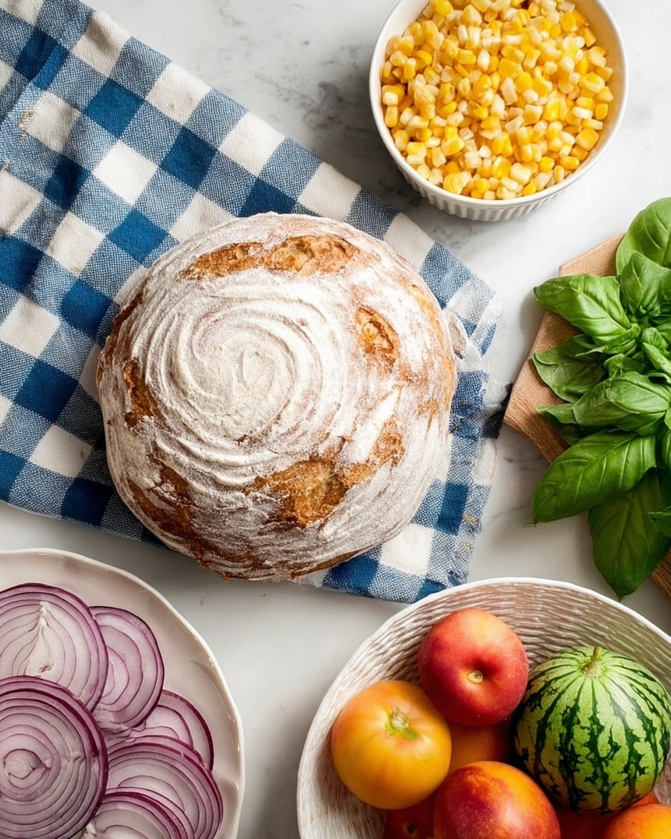 The image shows a round loaf of bread with a white dusting of flour and a spiral pattern on its crust, sitting on a blue and white checkered cloth. To the upper right, there is a white bowl filled with yellow corn pieces. In the lower right, fresh green basil leaves spread out on a white marbled surface. Below, a white textured bowl holds colorful round fruits and vegetables, including green-striped, red, and peach-colored items. To the left of the bowl is a white plate with thinly sliced red onions arranged in rings, all placed on a white marbled surface. photo taken with an iphone --ar 4:5 --v 7