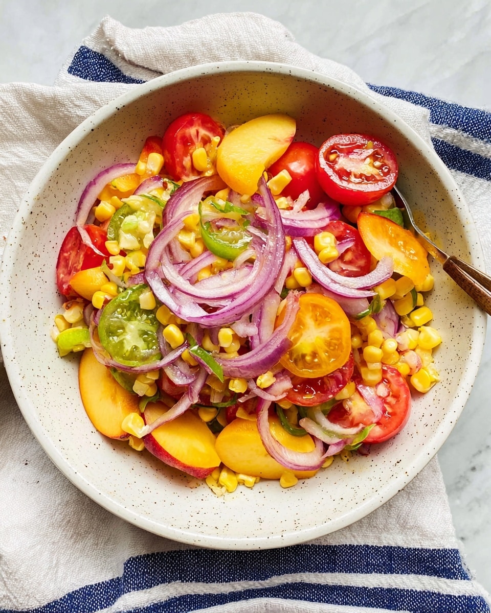A white speckled bowl holds a colorful salad with three main layers: the top layer has thin, curved slices of light purple onion; beneath are bright yellow corn kernels scattered widely; and the bottom layer is made of red and green cherry tomato halves along with chunks of yellow peach, all mixed together. The bowl sits on a white marbled surface with a white cloth featuring blue stripes underneath. photo taken with an iphone --ar 4:5 --v 7