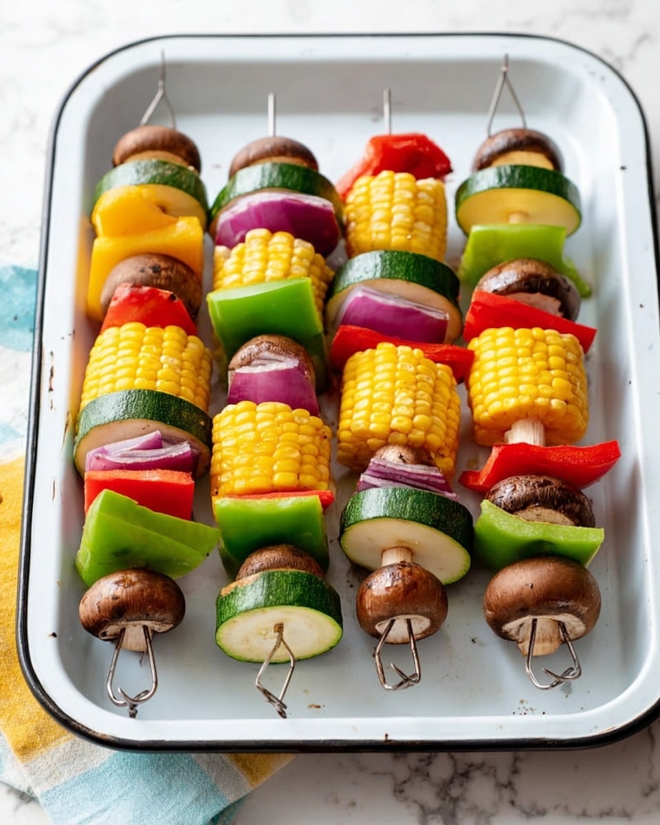 There are four vegetable skewers laid out on a white enamel tray with a black rim, placed on a white marbled surface. Each skewer has layers starting from the bottom with chunks of red bell pepper and purple onion, followed by a thick slice of zucchini, then a whole brown mushroom, a piece of yellow squash, a section of corn on the cob, a green bell pepper square, another piece of onion, and topped with a whole brown mushroom and a small corn section on some skewers. The vegetables show bright colors like red, green, yellow, brown, purple, and white with smooth and slightly textured surfaces, arranged neatly on silver metal skewers. The photo taken with an iphone --ar 4:5 --v 7