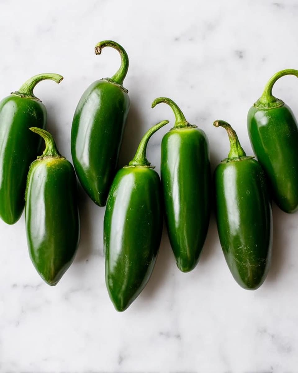 Seven whole green jalapeno peppers lined up horizontally on a white marbled surface, each pepper showing a shiny, smooth texture with varying shapes and curved stems, the colors ranging from bright to dark green, creating a fresh and simple composition, photo taken with an iphone --ar 4:5 --v 7