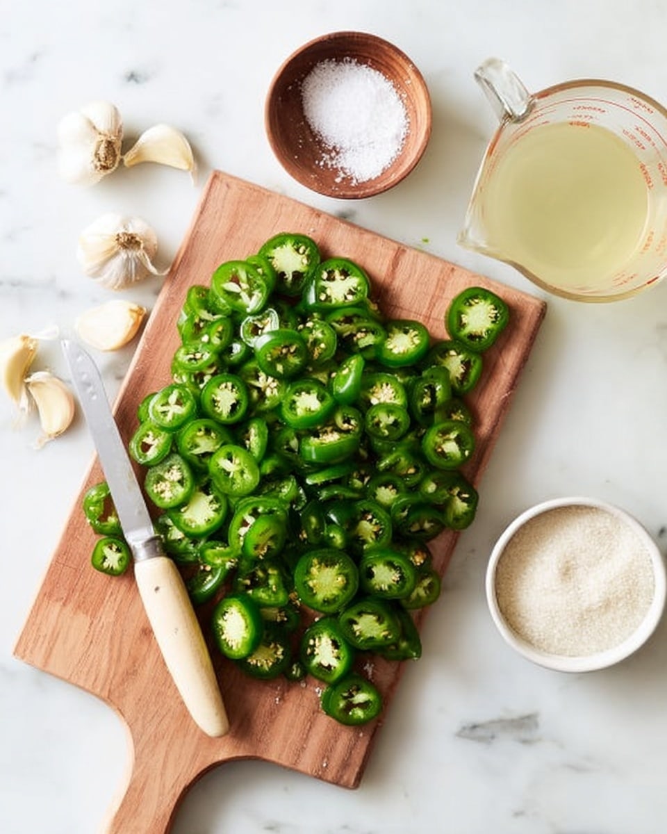 The image shows a wooden cutting board with many slices of fresh green jalapeño peppers spread evenly across it, their seeds and shiny texture clearly visible. A small knife with a light wooden handle lies diagonally across the bottom left corner of the board. Surrounding the board on the white marbled surface are a small wooden bowl filled with coarse salt at the top, a glass measuring cup filled with a clear or pale yellow liquid near the top right, three peeled garlic cloves situated just below the measuring cup, and a small white bowl filled with granulated sugar toward the bottom right. The overall scene is neat, bright, and clean, highlighting the fresh and simple ingredients. photo taken with an iphone --ar 4:5 --v 7