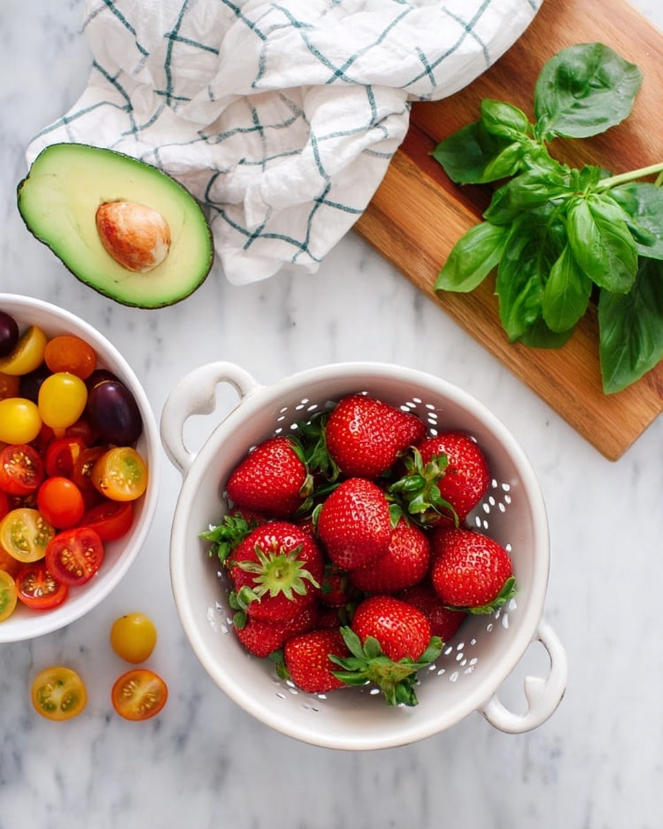The image shows a white colander filled with big, red strawberries with green leaves on top, placed on a white marbled surface. Next to it, on the left, is a white bowl filled with sliced cherry tomatoes in red, yellow, and some purple colors. Above this bowl, there is a halved avocado with bright green flesh and a visible seed in one half. To the right of the colander, there is a wooden board holding fresh green basil leaves, and a white cloth with a blue checkered pattern is partly draped above the colander. The whole scene is bright and fresh, against a clean white marbled texture photo taken with an iphone --ar 4:5 --v 7