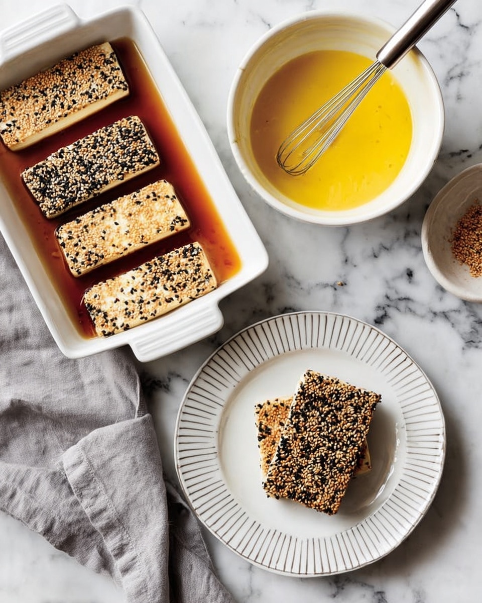 The image shows a white rectangular dish with three rectangular pieces of tofu sitting in a brown sauce, three tofu slices filling the dish in one layer. On a white plate with ridged edges, there are two rectangular tofu pieces covered in a mix of black and white sesame seeds. Another single sesame-covered tofu piece rests on a smaller white plate with thin dark lines. A white bowl holds a yellow beaten egg mixture with a metal whisk inside. These items are placed on a white marbled surface, and a gray cloth napkin is nearby. Photo taken with an iphone --ar 4:5 --v 7