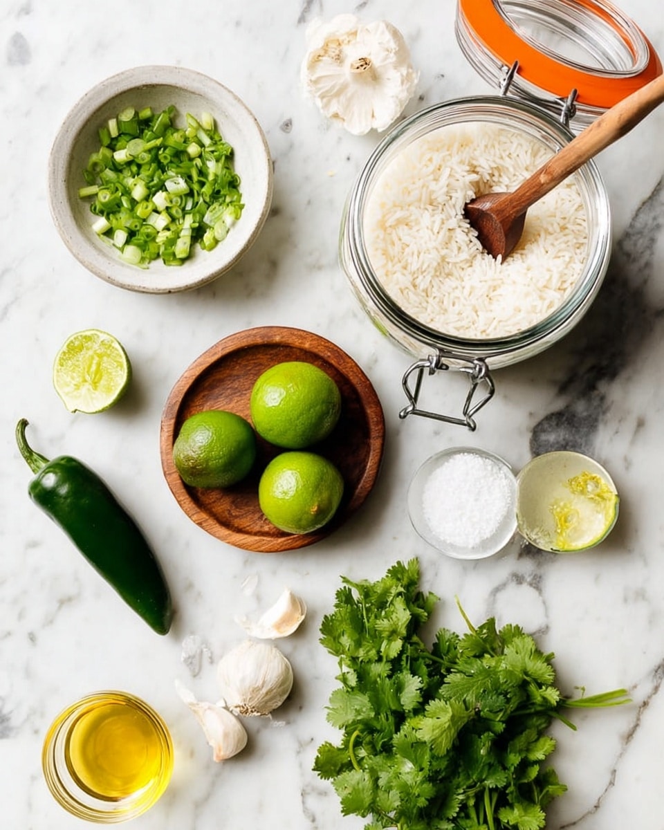 The image shows a white marbled surface with various fresh ingredients arranged neatly. At the top right is a glass jar filled with white rice and a wooden spoon resting inside, the jar has a metal clasp and an orange rubber seal. Below and to the left of the jar is a small white bowl filled with chopped green onions. Near the center are two whole green limes and one lime cut in half placed on a small round brown plate. To the right of the lime plate, there is a small wooden bowl filled with fresh green cilantro leaves. Below the cilantro are two garlic cloves resting directly on the surface. To the lower left corner is one whole green jalapeño pepper. Near the top center, there is a small glass jar filled with yellow oil. At the top right corner is a small white bowl with a small pile of white salt. All ingredients are placed on a clean white marbled background photo taken with an iphone --ar 4:5 --v 7