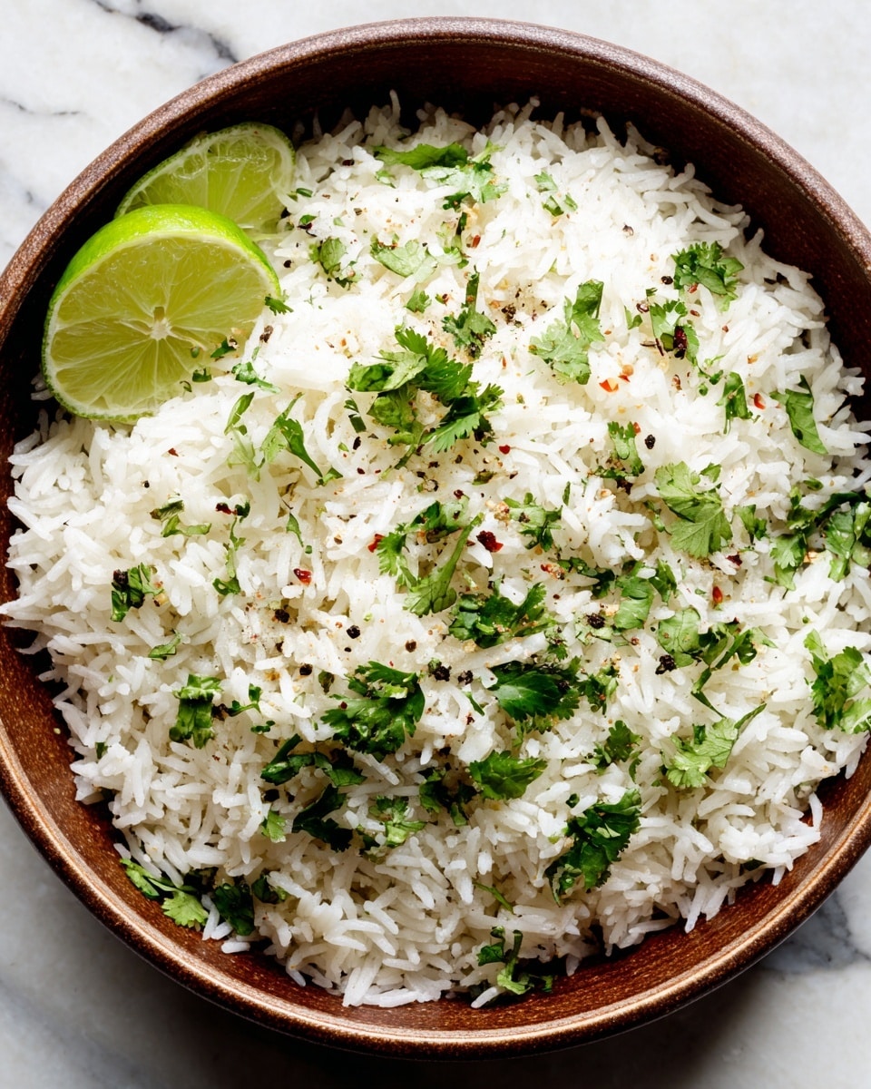 A brown bowl filled with white rice, mixed with fresh green cilantro leaves scattered throughout, and sprinkled with small black pepper flakes on top. A wedge of light green lime sits on the edge of the bowl. The bowl is placed on a surface with a white marbled texture, visible around the bowl edges. The rice looks fluffy and slightly glossy, and the cilantro adds a fresh leafy texture and color contrast. Photo taken with an iphone --ar 4:5 --v 7