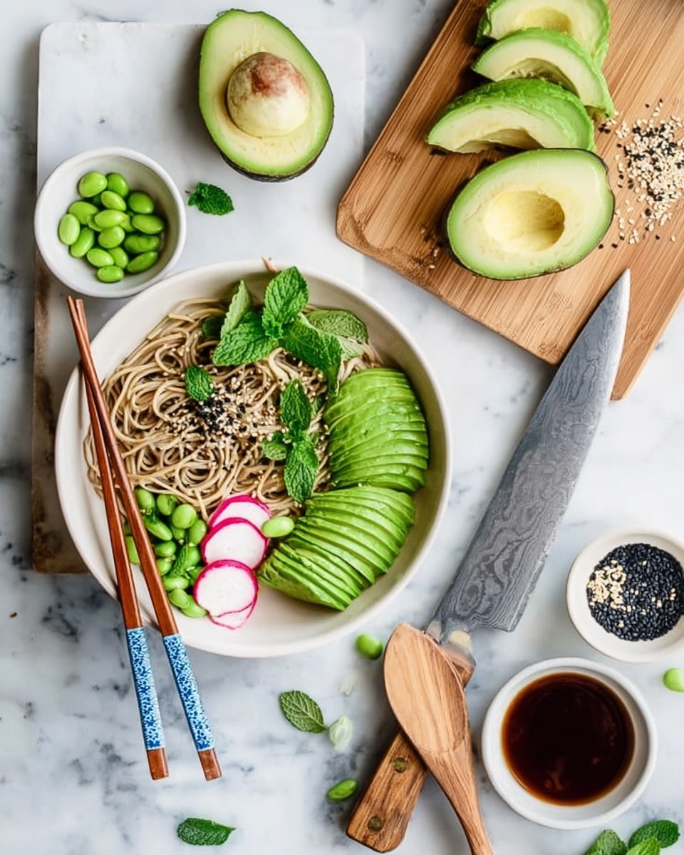 A white bowl filled with light brown noodles forms the base layer, topped with slices of bright green avocado arranged in a fan shape on the right side. On the left side, light pink radish slices and green edamame beans add color. Bright green mint leaves are scattered on top as a final layer, along with black sesame seeds sprinkled throughout. Two wooden chopsticks with blue and brown accents rest diagonally on the bowl. This bowl is placed on a white marbled surface next to a wooden cutting board with neatly sliced avocado halves, a whole avocado, small white bowls containing green edamame, black and white sesame seeds, and a dark brown sauce with a wooden spoon. A large knife with a wooden handle lies next to the cutting board. Photo taken with an iphone --ar 4:5 --v 7