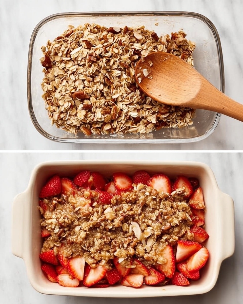 Blueberry Oatmeal Casserole Recipe 4 The first image shows a clear glass bowl with a wooden spoon inside it, holding a chunky mix of oats, nuts, and seeds that look dry and crumbly with light brown and beige colors. The second image has a white ceramic rectangular dish filled with sliced red strawberries at the bottom and a thick layer of the same oat and nut mixture covering the top, with the wooden spoon resting on the dish. Both images have a white marbled background. photo taken with an iphone --ar 4:5 --v 7