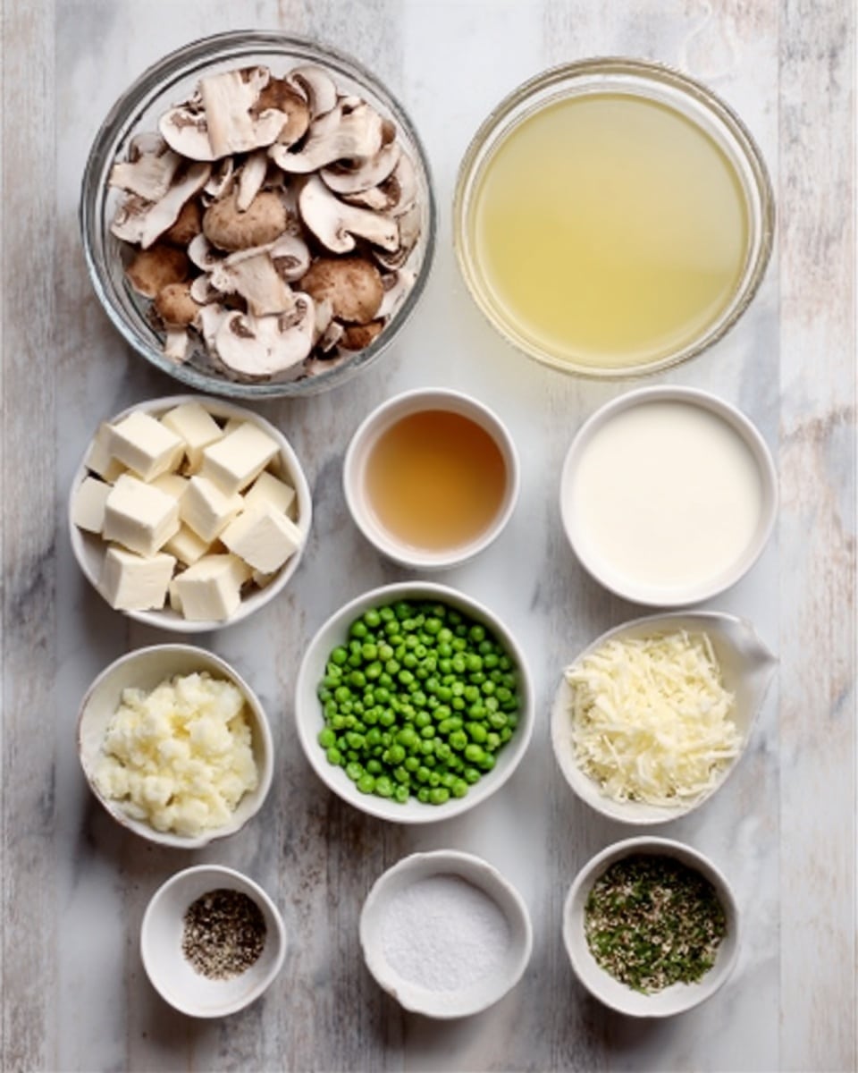 The image shows multiple small white bowls arranged on a white marbled surface, each holding different ingredients. There is a bowl filled with sliced brown mushrooms on the top left, followed by a bowl of light yellow broth and a bowl with a light brown liquid to the right. Below them, there are bowls and containers holding white cubes of butter, white salt, green peas, chopped white onions, and cream. In the front row, there are small white containers with black pepper, minced garlic, small cubes of butter, and green herbs. The arrangement is neat and all items have soft, natural lighting. Photo taken with an iphone --ar 4:5 --v 7