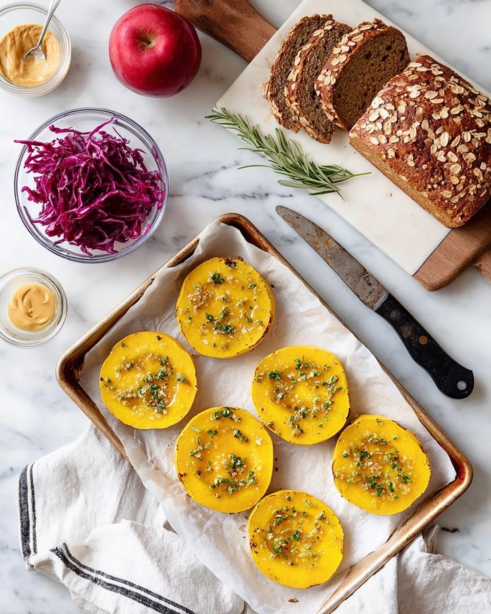 The image shows a baking tray with seven round, bright orange slices of squash placed on white parchment paper, lightly sprinkled with herbs and a bit of oil, all arranged in two uneven rows. Above the tray, there is a wooden board holding a loaf of brown bread topped with oats, with several slices already cut and fanned out. Next to the bread is a red apple on a white marbled surface. To the left of the tray, a small glass bowl filled with shredded purple cabbage and a silver spoon inside is present, alongside a white bowl with a beige sauce and a sprig of green herbs beside it. A black-handled knife with a silver blade lies on the white marbled background near the bowls, and a folded white cloth with black stripes rests near the bottom right corner of the tray. Photo taken with an iphone --ar 4:5 --v 7