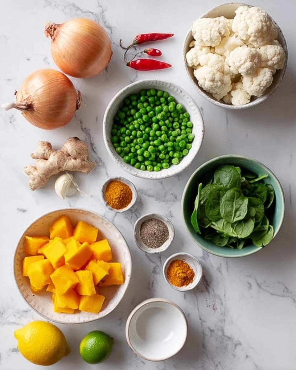 A white marbled surface holds neatly arranged ingredients in white bowls and loose form, showing a variety of fresh foods. On the top left, there is a light brown onion alongside a piece of ginger and two red chili peppers with two garlic cloves just below them. To the top right, a white bowl is full of white cauliflower pieces, while another white bowl on the middle right has bright green peas. Central on the surface, a small white plate holds different spices in powders of orange, brown, and beige shades. Below this, a white bowl with blue patterns contains cubed orange pumpkin, and next to it, a smaller white bowl is filled with fresh green spinach leaves. To the bottom left, there are two whole citrus fruits, one lime green and one yellow lemon, and nearby, an empty white bowl. The overall look is fresh, colorful, and well-organized, set on a bright white marbled background photo taken with an iphone --ar 4:5 --v 7