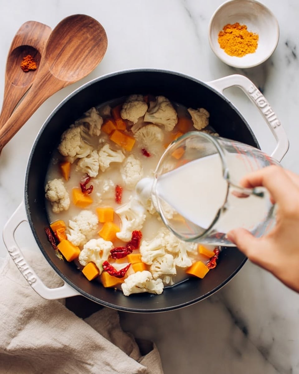 A round white pot filled with a mix of light orange chunks and white cauliflower pieces in a thick white liquid, with small red chili slices scattered on top. A woman's hand is pouring more white liquid from a clear measuring cup into the pot. The pot sits on a white marbled surface. To the right, there is a white bowl with spices in shades of orange and brown and a light wooden slotted spoon nearby. A white cloth with beige stripes is placed behind the pot photo taken with an iphone --ar 4:5 --v 7