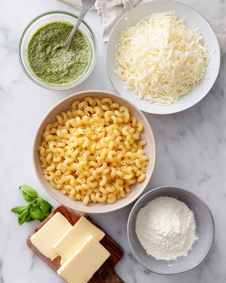 The image shows a white bowl in the center filled with uncooked elbow macaroni pasta, which is yellow and curved. To the top right, there is a white bowl filled with shredded white cheese. Below it, a smaller white bowl contains white flour. Near the bottom right, a wooden round board holds two white sticks of butter. To the top left, a transparent measuring jug is filled with white milk, and above it is a small glass bowl with green pesto sauce and a silver spoon inside. On the white marbled surface to the bottom left, fresh green basil leaves are scattered. Photo taken with an iphone --ar 4:5 --v 7