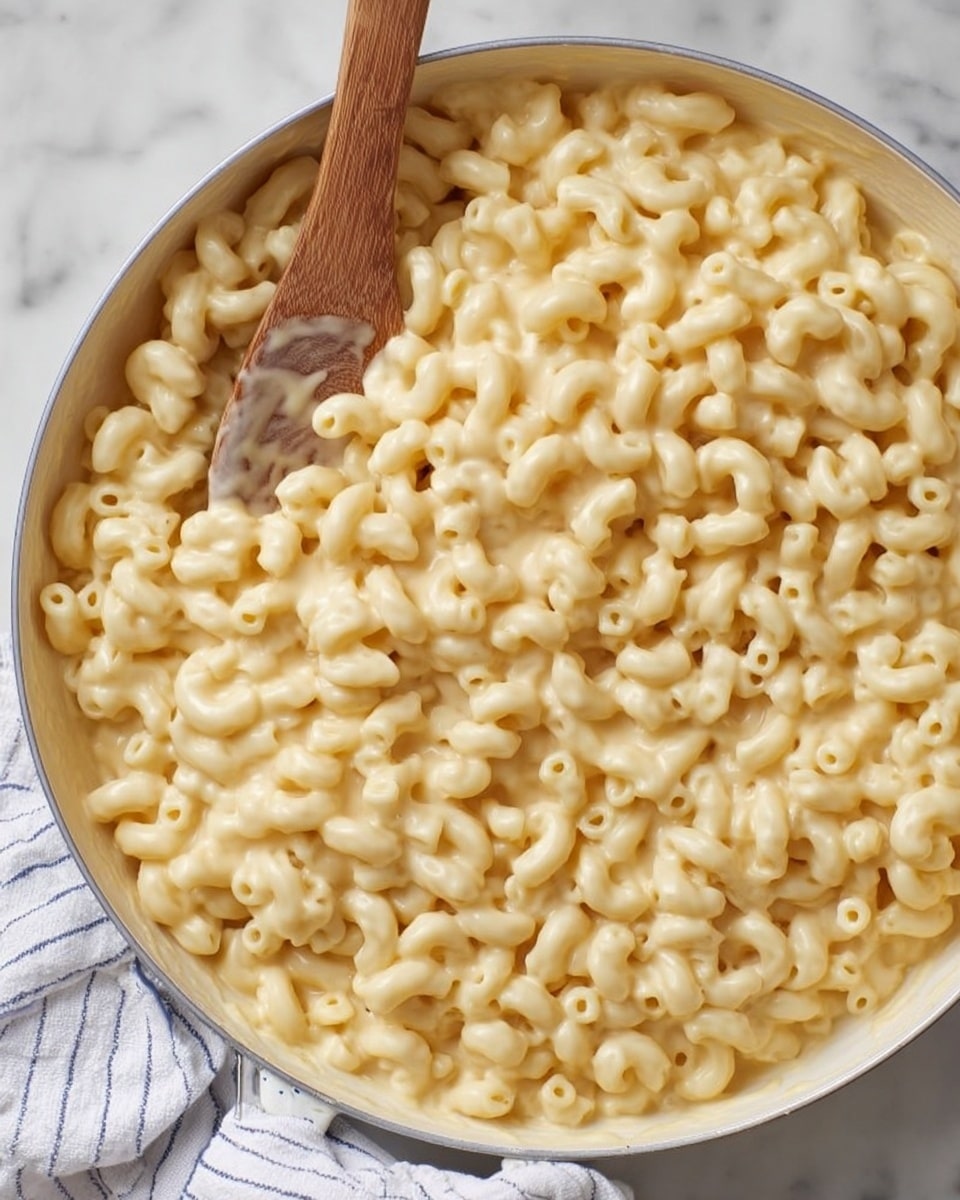 A white pan is filled with soft, creamy elbow macaroni noodles covered in smooth, pale yellow cheese sauce. A wooden spoon rests on the left side inside the pan, partially under the noodles. The pan is on a white marbled surface with a white and blue striped cloth visible at the bottom left corner. The macaroni looks thick, well-coated with cheese, and slightly shiny from the sauce. photo taken with an iphone --ar 4:5 --v 7