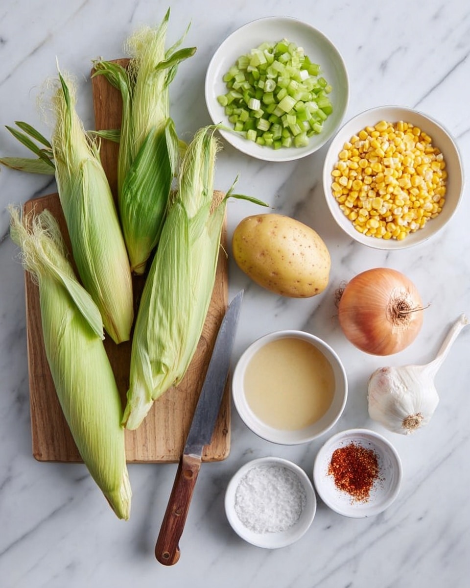The image shows raw cooking ingredients neatly arranged on a white marbled surface. Three ears of corn with green husks partially peeled back are placed diagonally on a small wooden cutting board at the lower left. Next to the corn, on the marbled surface, lies a kitchen knife with a wooden handle. Above the corn, three small white bowls hold chopped green celery, yellow corn kernels, and yellow lentils, arranged from left to right. To the right of these bowls, there is a whole potato, a yellow onion with a papery skin, and a bulb of garlic. Toward the bottom right are two small white dishes, one containing red spice powder and the other white salt. Near these small dishes is a larger white bowl filled with a beige liquid. The setup is clean, bright, and well-lit, with all items clearly visible and spaced. Photo taken with an iphone --ar 4:5 --v 7