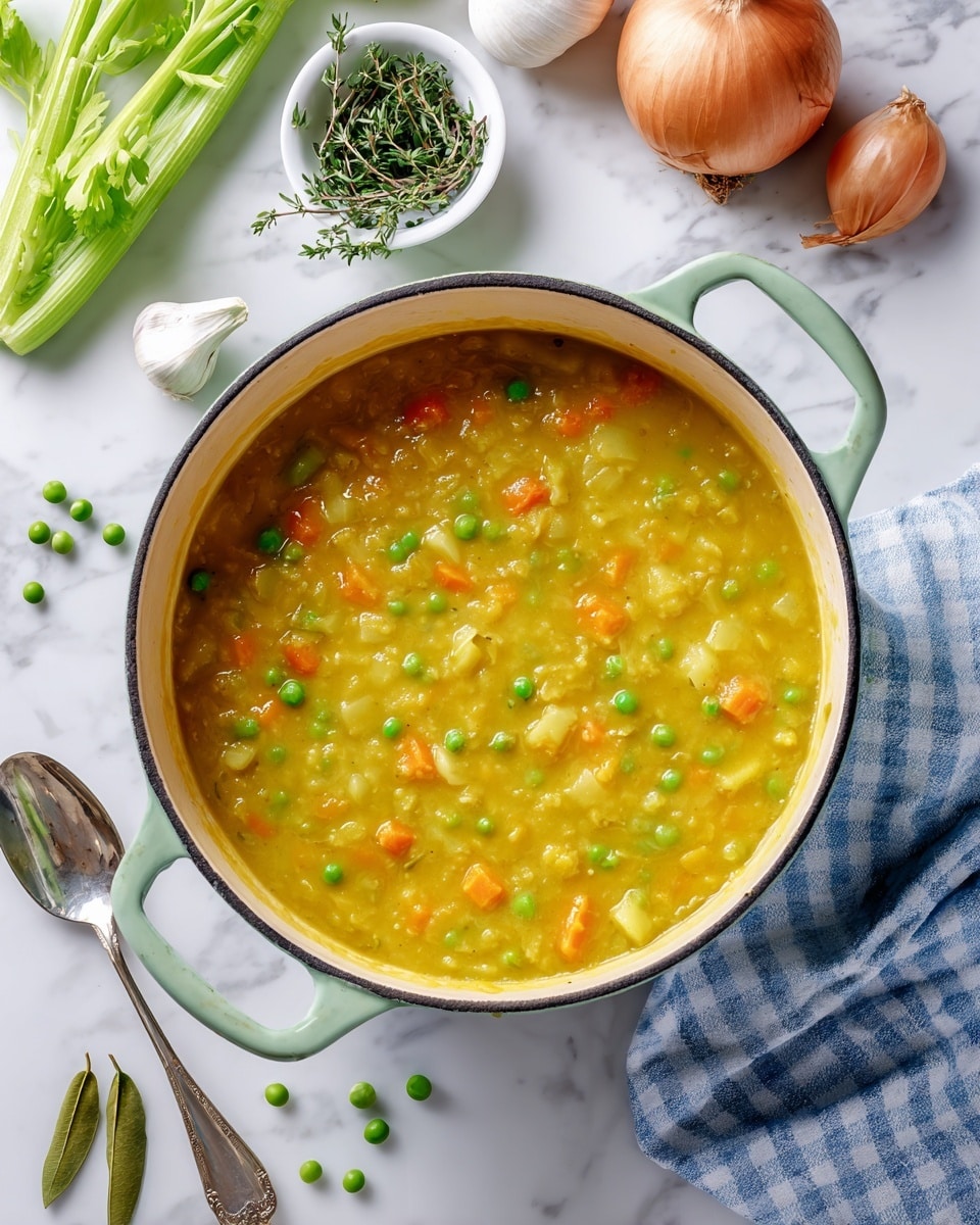 A large light green pot filled with thick yellow split pea soup, visible chunks of orange carrot and small pieces of green peas and potatoes floating in the soup. The pot has two handles and sits on a white marbled surface with some loose green peas and two bay leaves scattered nearby. Around the pot, there is a bunch of celery with green leaves, a bulb of garlic, and two onions in the background along with a small white bowl holding fresh thyme. A silver spoon with a blue and white checkered napkin lies next to the pot. Photo taken with an iphone --ar 4:5 --v 7