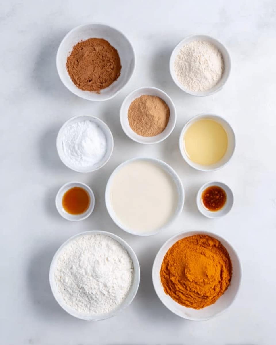 The image shows a white marbled surface with several small white bowls placed neatly in rows. There are seven bowls visible, each holding different ingredients. The top row has four bowls with powders and spices of various shades of brown and white. The middle row has three bowls: one with a thick white liquid, one with a pale yellow liquid, and one with a small amount of amber liquid. At the bottom, two bigger white bowls hold a powdery white flour and a bright orange paste. The whole setup looks clean and organized. photo taken with an iphone --ar 4:5 --v 7