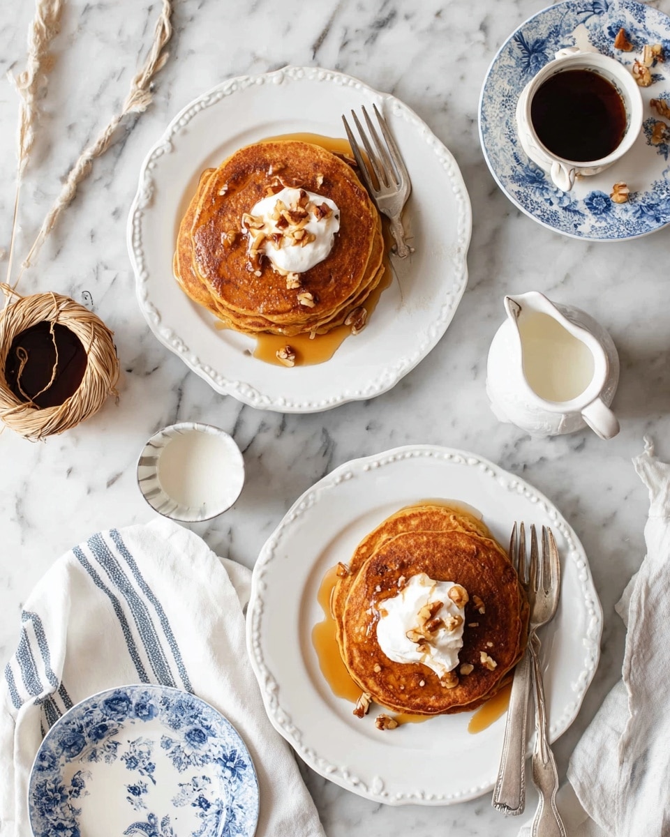 Two plates with three golden brown pancakes each are placed on a white marbled surface. Each pancake stack has a dollop of creamy white topping with a drizzle of syrup and small nut pieces scattered on top and around. One stack is on a plain white plate with a fork and knife beside it, the other is on a white plate with blue floral patterns with a fork and knife nearby. Around the plates are a small woven tea bag cup filled with dark tea, a small white bowl of pure white liquid with a spoon, a small white pitcher with syrup, and a white cloth with blue stripes. Photo taken with an iphone --ar 4:5 --v 7