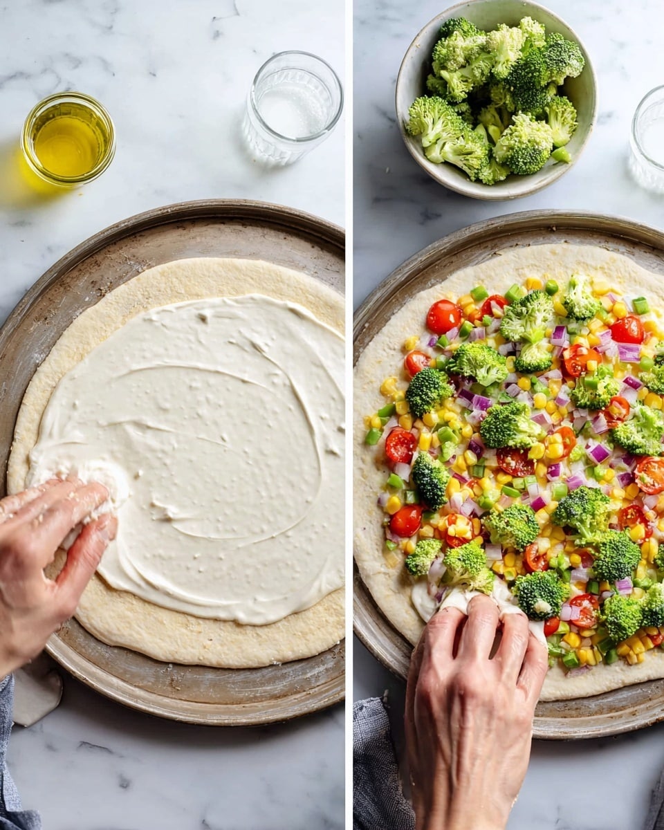 The image shows a two-step process of making a vegetable pizza on a round pizza dough placed on a metal pan. In the first step, a woman's hand is spreading a thick white sauce evenly over the light beige dough base, which has a slightly rough texture. In the second step, another woman's hands are placing fresh vegetable toppings including bright green broccoli florets, diced light yellow corn, small red cherry tomato halves, and tiny purple onion pieces on top of the white sauce layer. The pizza pan is on a white marbled surface, and nearby there are small glass bowls with additional sauce and olive oil, plus a white bowl with more mixed vegetables. Photo taken with an iphone --ar 4:5 --v 7