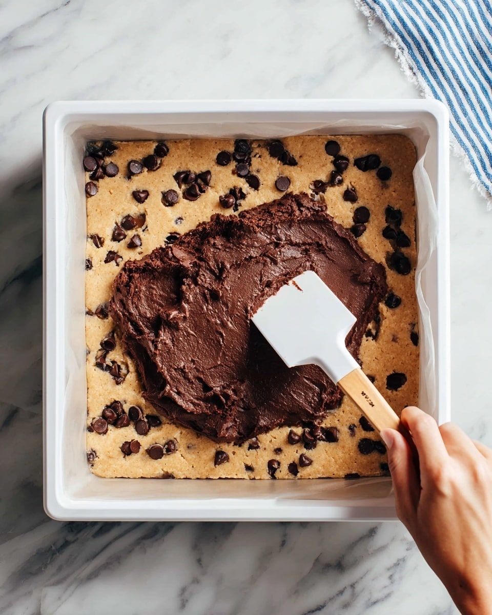 The image shows a white square baking tray with two layers of dessert. The bottom layer is a light brown cookie dough with dark chocolate chips spread evenly. On top, a thick, dark brown chocolate layer is being spread with a white spatula held by a woman's hand. The tray sits on a white marbled surface with a blue and white striped cloth partially visible on the right side. Photo taken with an iphone --ar 4:5 --v 7