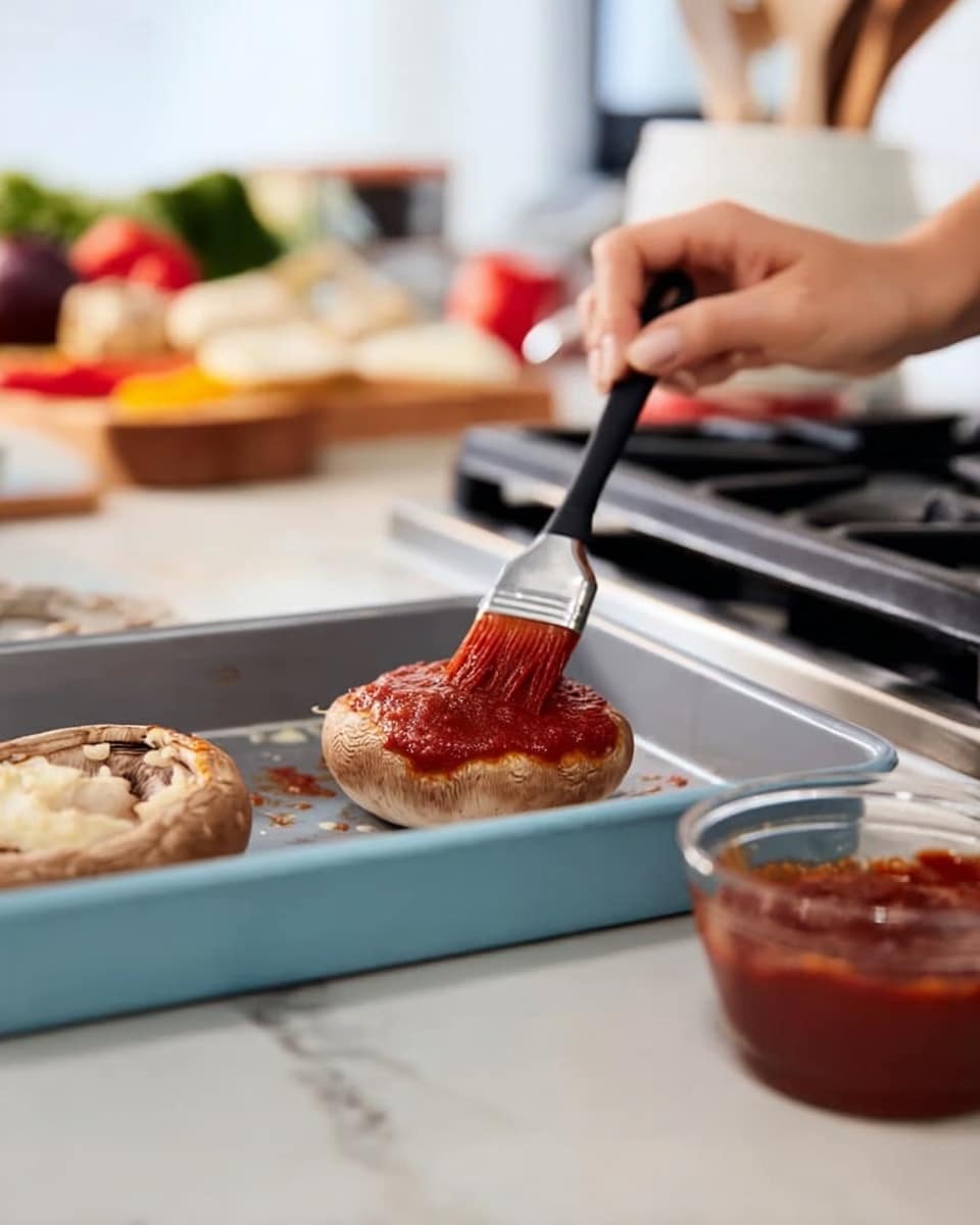 A close-up image shows a woman's hand using a brush to spread a red sauce evenly on the top side of a large whole mushroom. Two mushrooms, one being brushed and one plain, lie in a light blue baking tray on a white marbled countertop. To the right of the tray is a small clear container filled with the same red sauce. In the background, a stove with black grates and red knobs is visible, along with a wooden chopping board holding blurred vegetables. Photo taken with an iphone --ar 4:5 --v 7