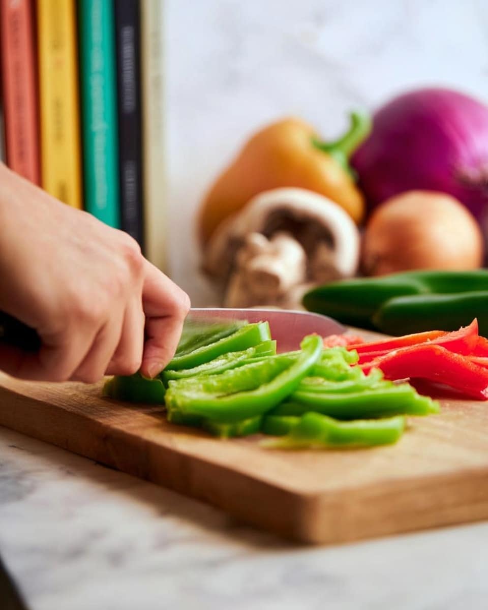 A woman's hand is slicing a green bell pepper on a wooden cutting board. The green pepper is cut into long strips, bright and shiny, with a smooth texture. Red bell pepper strips are placed near the green ones on the board. In the background, whole vegetables like a brown mushroom, a purple onion, and green chili are slightly blurred. A row of colorful cookbooks stands upright against a white marbled surface. The scene is bright and clear, focusing on the fresh vegetables and the woman's hand cutting the pepper. photo taken with an iphone --ar 4:5 --v 7