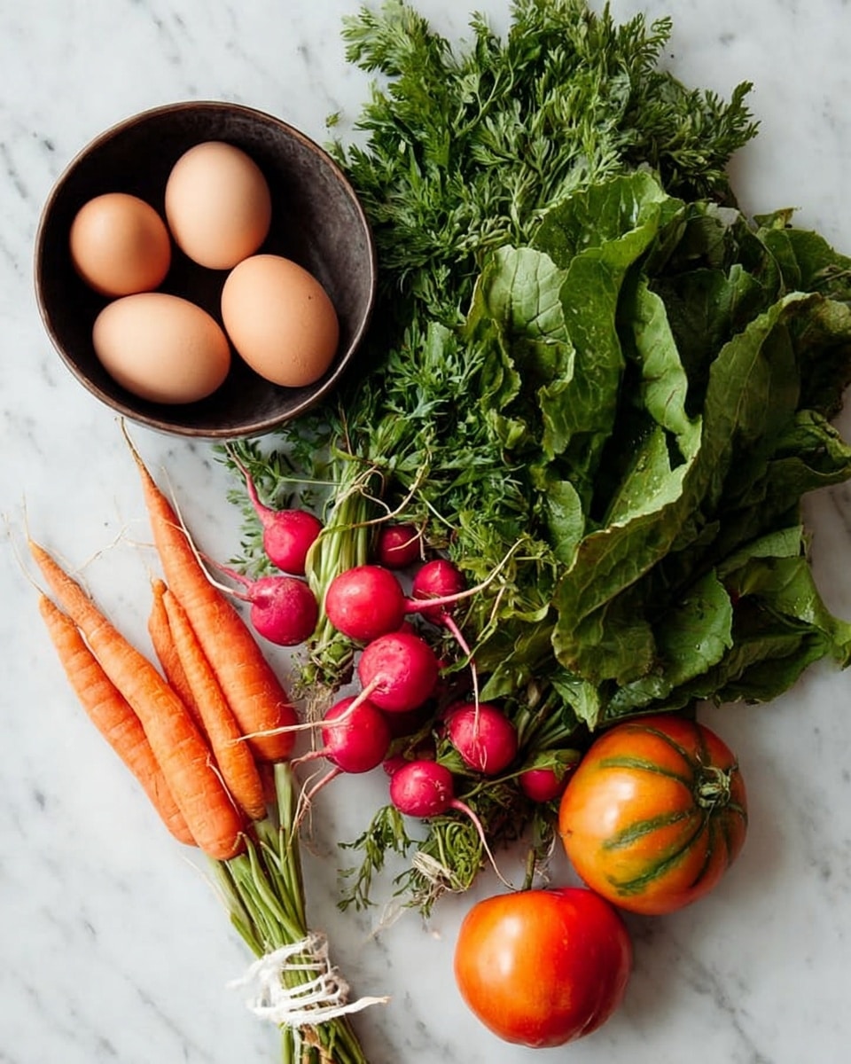 The image shows fresh vegetables and eggs on a white marbled surface. On the left, there is a dark bowl with four brown eggs inside. Below the bowl, four bright orange carrots with green tops lie horizontally, tied together with a white string. In the middle, a bunch of radishes has red round roots with leafy green tops spreading upwards. On the right side, there are three tomatoes; one is orange-red, one is orange, and one is round with green and orange stripes. The leafy greens are thick and fresh, placed above the radishes and tomatoes, filling the top right area of the image. Photo taken with an iphone --ar 4:5 --v 7