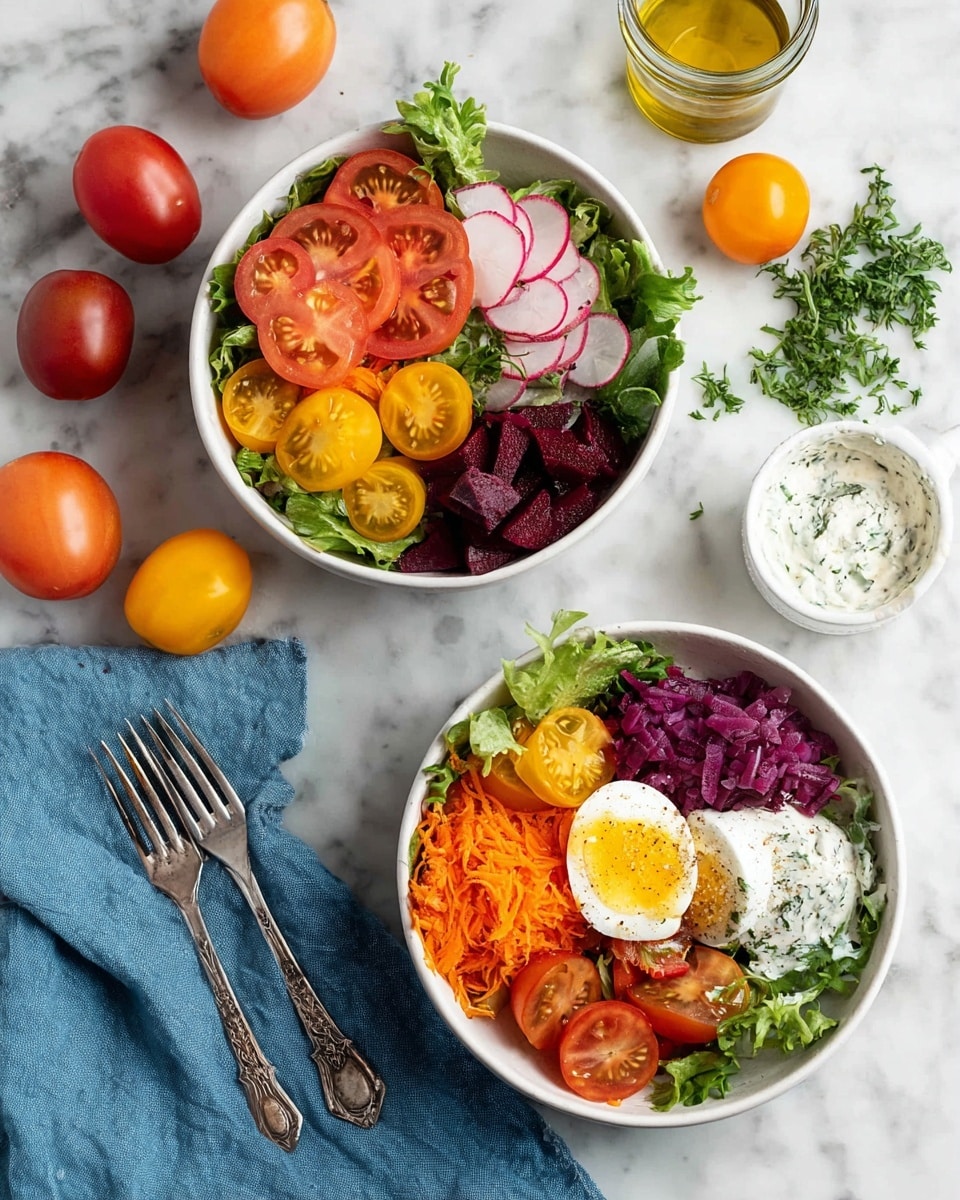 Two white bowls sit on a white marbled surface, each filled with fresh, colorful ingredients arranged in separate sections. Each bowl has a base layer of green leafy lettuce in one corner, followed by slices of red and yellow tomatoes next to it. There are thin slices of radish beside the tomatoes and a small pile of finely chopped deep purple beets next to that. One section has bright orange shredded carrots, while the center features a halved soft-boiled egg with a yellow yolk. One bowl also contains a dollop of creamy white sauce next to the egg. Around the bowls are whole colorful tomatoes, a small glass jar of olive oil, green herbs, a blue cloth napkin, and silver forks with intricate handles. photo taken with an iphone --ar 4:5 --v 7