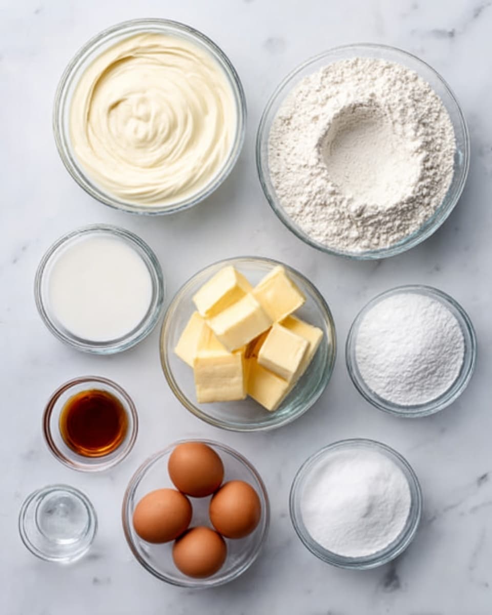 The image shows seven small glass bowls arranged on a white marbled surface. From the top left, a bowl of smooth, creamy white substance is visible. To its right, a bowl filled with white flour with a slight hollow in the center. Below the flour, a bowl of white sugar with a soft, grainy texture, and to its right, a bowl holding three rectangular pieces of yellow butter. Below the butter, a white bowl with three brown eggs. To the bottom left of the eggs is a small amount of vanilla extract in a tiny glass bowl. Finally, two empty small glass bowls are at the bottom left of the image. photo taken with an iphone --ar 4:5 --v 7
