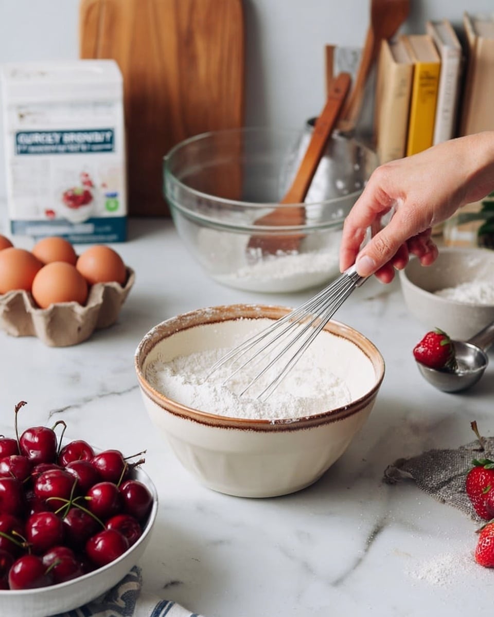 A woman's hand is holding a whisk inside a white bowl with brown rim, stirring white flour. Behind it, a larger clear glass bowl with a wooden spoon inside sits on a white marbled surface. To the right, a white bowl full of bright red cherries and a metal measuring cup filled with cocoa powder sit near a white container of Stonyfield Organic whole milk yogurt. Fresh strawberries and eggs are scattered around, with books and wooden cutting boards standing in the background. Photo taken with an iphone --ar 4:5 --v 7