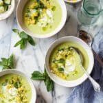 Cucumber Gazpacho with Charred Corn, Tomatoes, and Yogurt Drizzle Recipe