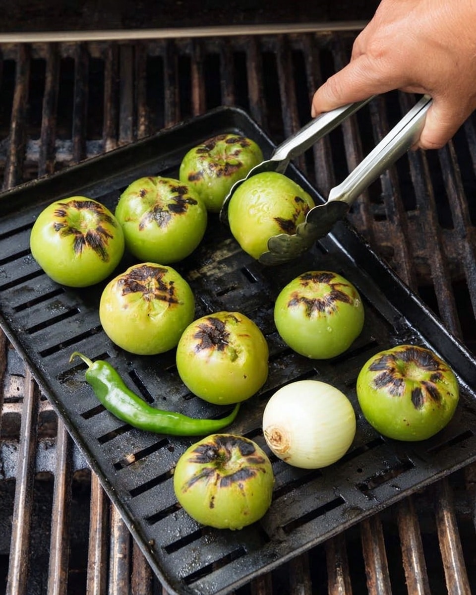 A woman's hand is holding metal tongs, lifting a green tomato from a black grill pan that sits on a grill. The pan holds eight green tomatoes with charred dark grill marks on their top sides, one whole white onion, and a single green chili pepper. The green tomatoes are round and vary slightly in size, with some showing more charring than others. The white onion is smooth and pale, and the chili is long and shiny. The grill pan has slits for the grill smoke, and the entire setup is placed on a black barbecue grill. The background is not visible. photo taken with an iphone --ar 4:5 --v 7