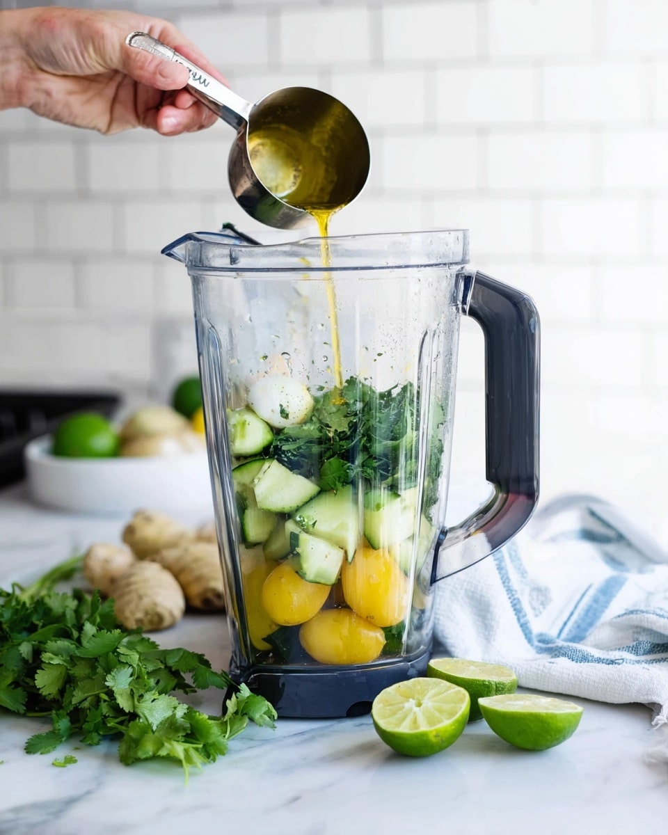 A clear blender jar sits on a white marbled counter filled with layers of ingredients: at the bottom, whole yellow tomatoes and a couple of garlic cloves; in the middle, bright green fresh cilantro leaves; on top, evenly chopped cucumber pieces. A woman's hand is pouring golden oil from a small metal measuring cup into the blender. Nearby, two lime wedges rest on the counter, and some cilantro leaves sit on a white towel with blue stripes to the right. The background shows white tile. photo taken with an iphone --ar 4:5 --v 7