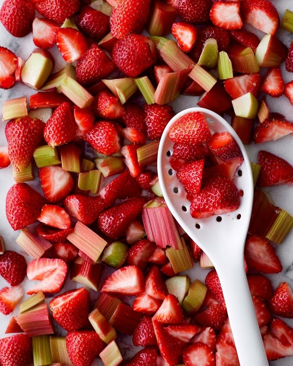 The image shows a close-up of a mix of bright red strawberries cut into halves and quarters, along with smaller pieces of greenish-pink rhubarb scattered all over a white marbled surface. A white slotted spoon is placed on the right side of the image, scooping up some of the strawberry and rhubarb pieces. The strawberries have a glossy texture and the rhubarb pieces are smooth with visible color changes from green to pink. The mix is fresh and vibrant, filling the entire frame. photo taken with an iphone --ar 4:5 --v 7