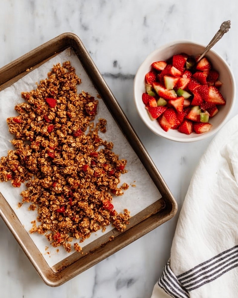 A baking tray lined with white parchment paper holds a crumbly, golden-brown oat mixture clustered mostly in the center with some pieces scattered around. Next to the tray, there is a white bowl filled with a colorful fruit mixture, mainly red strawberries and green pieces, with a spoon inside. Both items rest on a white marbled surface, and a white cloth with black stripes is partially visible to the right. photo taken with an iphone --ar 4:5 --v 7