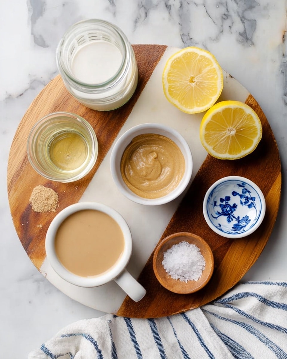 The image shows a round wooden board with a white stripe on a white marbled surface. On the board, there are six items arranged neatly: a small glass jar filled with a white liquid near the top left, beside two lemon halves with bright yellow skin and juicy inside on the top right, a small white bowl with a tan creamy paste in the center, a white cup with light brown smooth liquid in the bottom left, a small glass jar with a light yellow liquid near the bottom center, and a small wooden bowl with white granulated salt on the right. There is also a small white dish with a blue floral pattern holding a small amount of honey. A white cloth with blue stripes is partly visible at the bottom right. Photo taken with an iphone --ar 4:5 --v 7