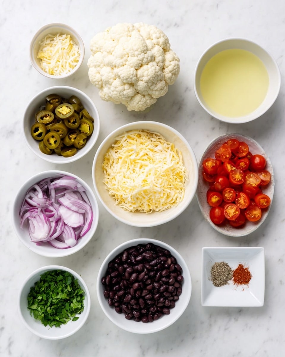 The image shows multiple small white bowls with different ingredients arranged on a white marbled surface. There is a whole head of cauliflower in the center, surrounded by bowls containing shredded cheese with a yellow color and fine texture, black beans with a smooth and glossy surface, sliced cherry tomatoes that are bright red with a juicy texture, sliced red onions that are light purple and thin, sliced jalapeños that are green and glossy, chopped fresh green herbs, a pale yellow liquid in a small bowl, and a small white square bowl holding mixed spices in different colors like red, black, white, and brown. All items are spaced neatly with clear visibility of each ingredient's color and texture photo taken with an iphone --ar 4:5 --v 7