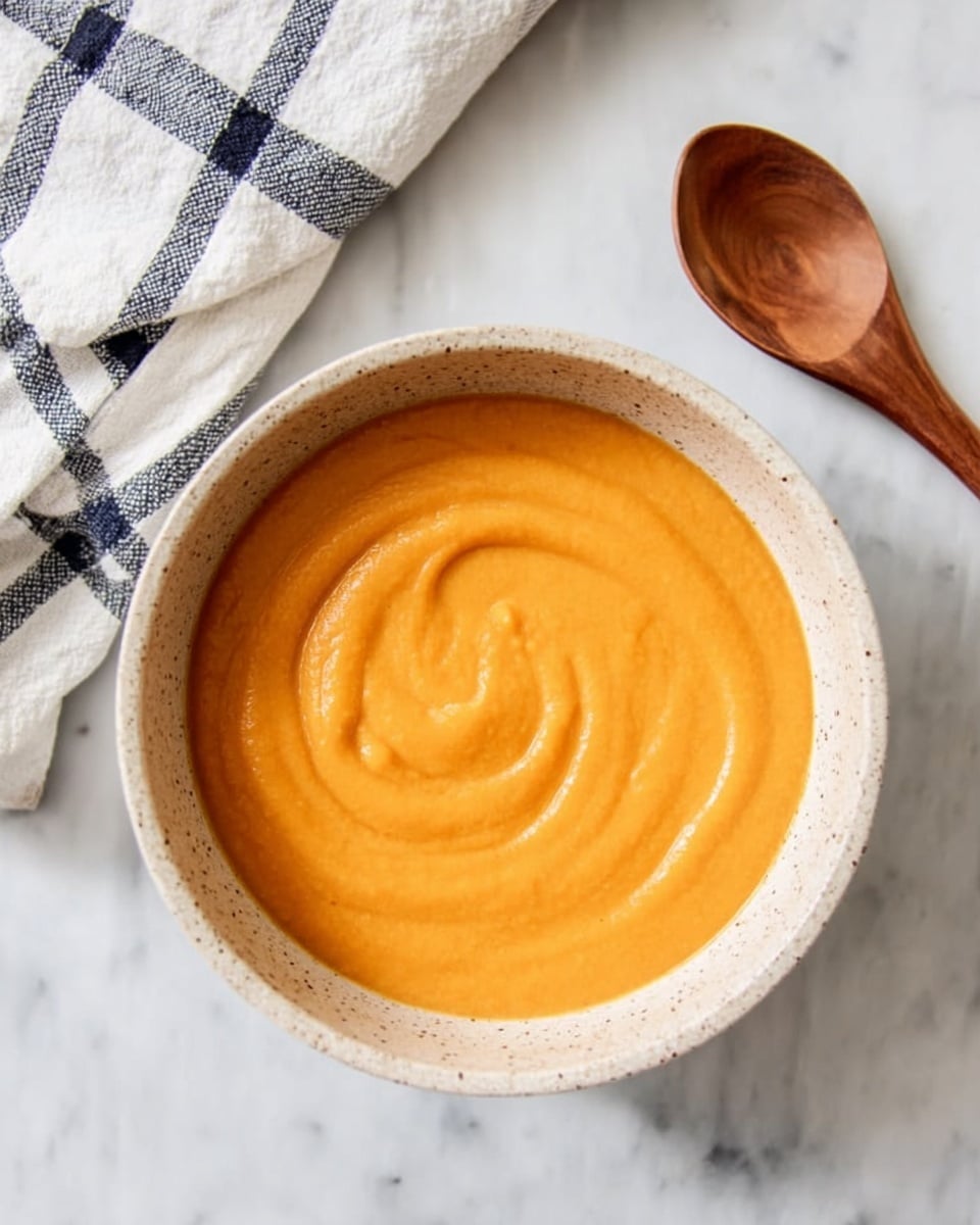 A bowl with a light beige color and speckled texture holds a smooth, creamy orange soup with a gentle swirl pattern on top. The bowl is placed on a white marbled surface next to a wooden spoon with a smooth finish and a white napkin with dark blue checkered lines. The scene is bright and clean, focusing on the warm, inviting color of the soup. photo taken with an iphone --ar 4:5 --v 7
