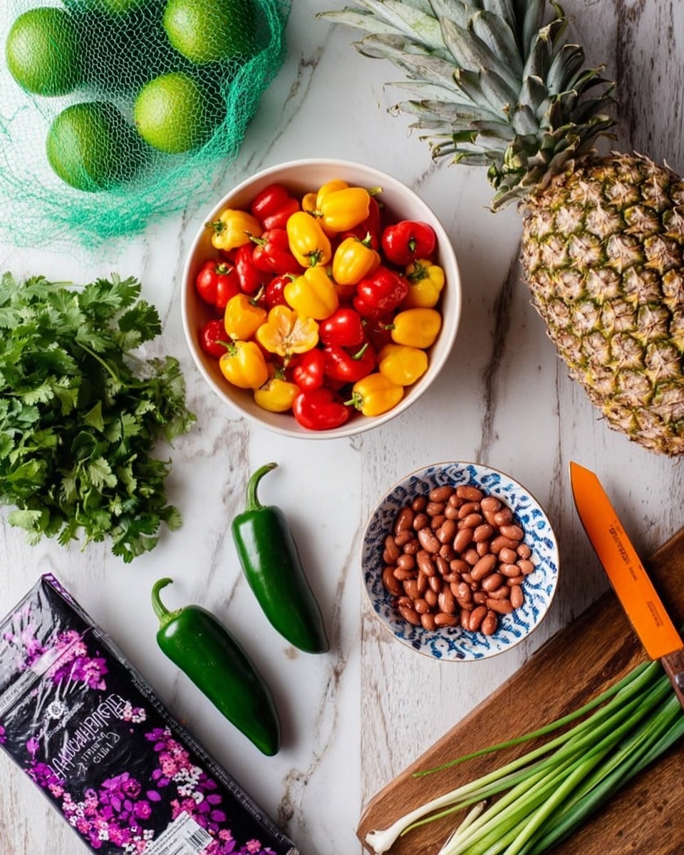 A white bowl filled with red, yellow, and orange mini bell peppers sits near the center of the image on a white marbled surface, surrounded by a green mesh bag of limes and three loose limes to the top left. To the right of the peppers, a large pineapple with a rough textured skin lies horizontally next to a single green jalapeno. Below the jalapeno, a bunch of fresh cilantro with leafy green texture rests on the surface. To the right, a small white bowl with blue stripes holds reddish-brown beans. At the bottom right, a wooden cutting board holds several bright green scallions, some sliced with an orange-handled knife nearby. Toward the bottom left, a purple and black patterned package of jasmine rice adds contrast to the composition. Photo taken with an iphone --ar 4:5 --v 7
