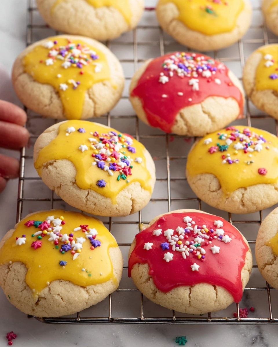 The image shows a batch of round cookies on a metal wire rack placed over a white marbled surface. Each cookie has a soft, pale beige base with a slightly cracked texture. Several cookies are topped with smooth glossy icing in two colors—bright yellow and vibrant red. The icing sits unevenly on the top, dripping slightly down the sides. On top of the icing, small, colorful star-shaped and round sprinkles in white, red, yellow, green, purple, and blue add a playful touch. Some cookies have no icing, showing only the simple light cookie surface. photo taken with an iphone --ar 4:5 --v 7