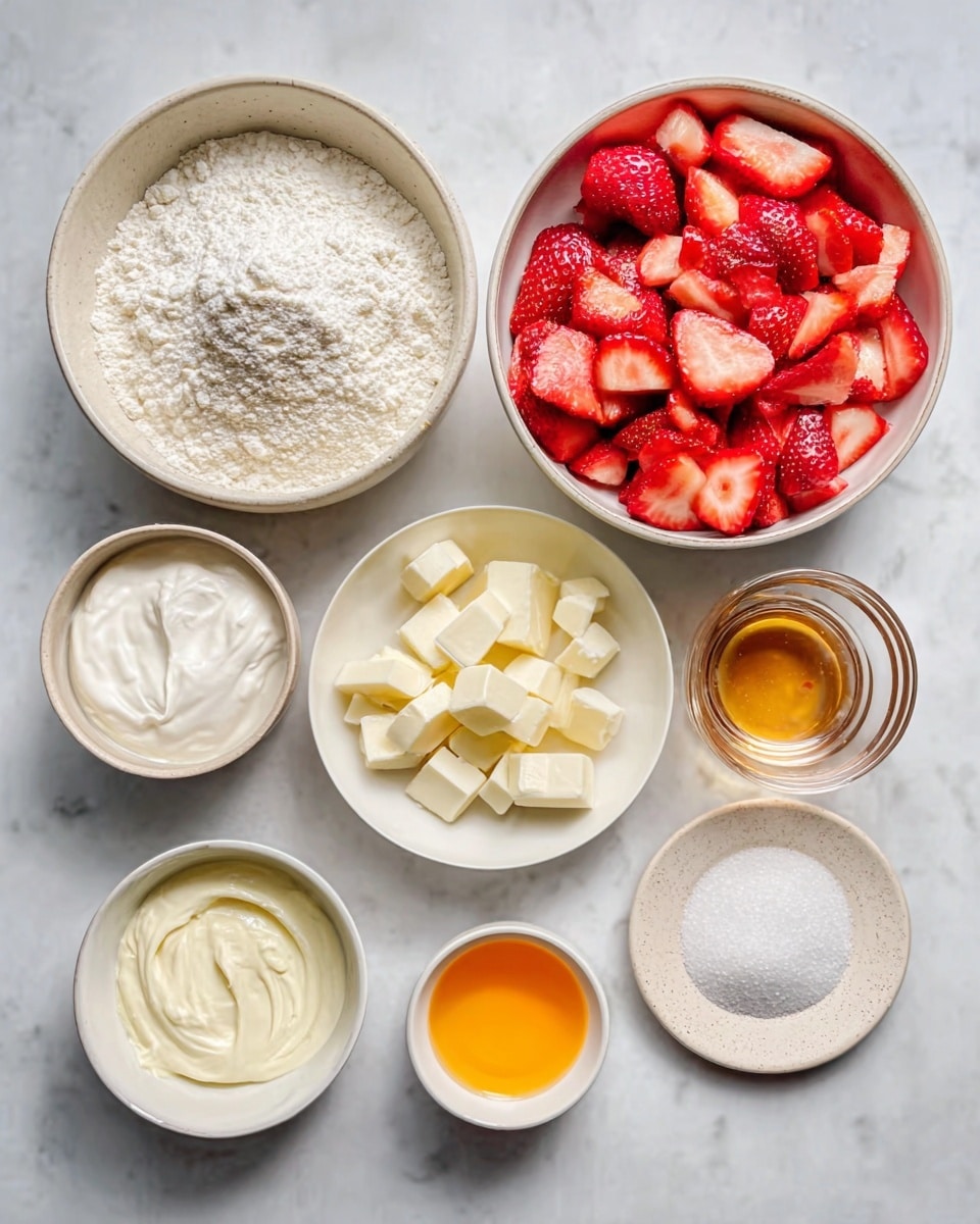 The image shows several white bowls with different ingredients placed on a white marbled surface. One large bowl holds sliced strawberries that are bright red with a fresh, juicy texture. Another bowl contains small white cubes, possibly butter or cheese. There is a medium bowl filled with white flour, showing a powdery texture. A small bowl contains a thick white cream, smooth in appearance. Two small bowls hold liquids: one orange-yellow, likely melted butter, and the other clear, possibly water or oil. There is also a small glass of light brown liquid, and a plate with some white granulated sugar. The arrangement is neat and organized with soft natural lighting. photo taken with an iphone --ar 4:5 --v 7