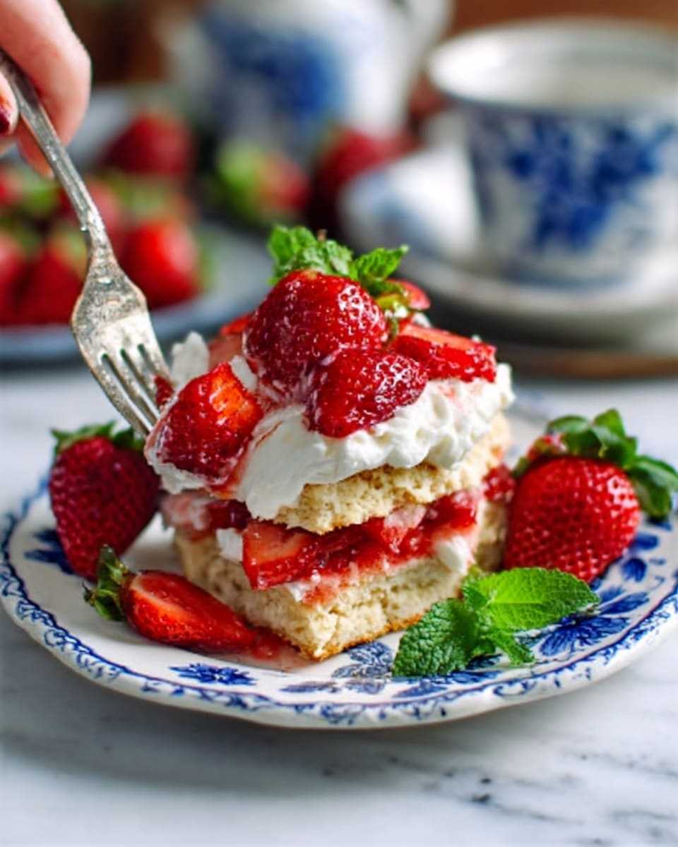The image shows a slice of berry shortcake on a white plate with blue floral edges. The shortcake has three visible layers: a golden brown biscuit base, a middle layer of white whipped cream, and fresh red strawberries on top with some whipped cream dolloped on them. Around the plate, there are extra whole strawberries and bright green mint leaves for decoration. A woman's hand is using a fork to gently take a piece of the shortcake. The background is a soft white marbled surface, with a hint of a blue and white patterned cup and saucer slightly blurred in the background. The lighting highlights the fresh, juicy texture of the strawberries and the fluffy cream. photo taken with an iphone --ar 4:5 --v 7
