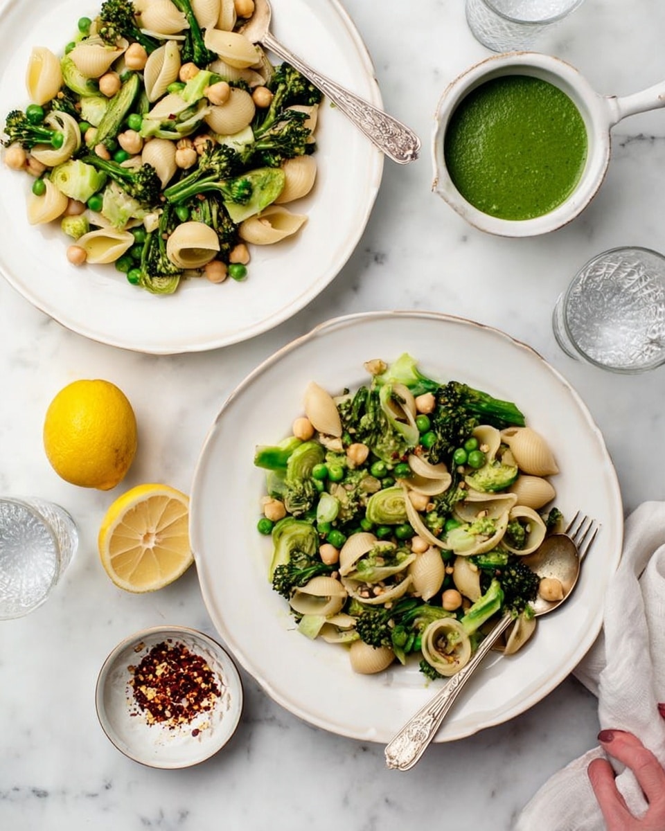 The image shows two white plates filled with pasta shells mixed with green vegetables like broccolini and Brussels sprouts, along with chickpeas scattered through the dish. Each plate holds three main layers: the light beige pasta shells, the bright green vegetables that add texture and color, and small, round, pale chickpeas spread evenly. Next to the plates is a small white bowl with a spoon inside, holding thick green sauce, and a small round dish with red pepper flakes at the bottom left. Two lemon halves with a rich yellow color are placed on the white marbled surface beside the plates, and two clear water glasses are also present. A silver fork rests on one of the plates, with a woman's hand partially visible. The background is a smooth white marbled texture. photo taken with an iphone --ar 4:5 --v 7