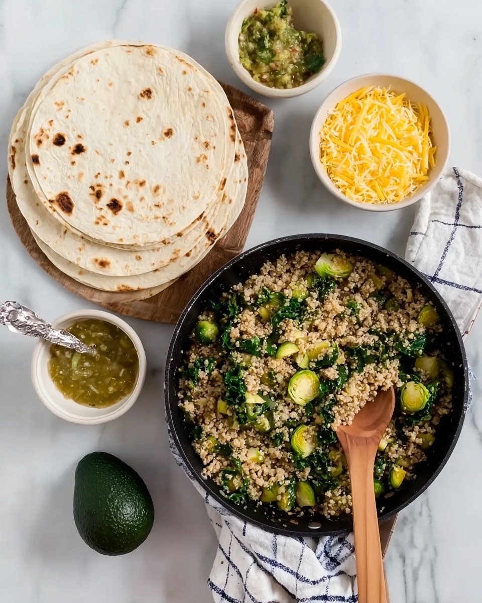 The image shows a white marbled surface with a black skillet on the right, filled with cooked grains, green leafy vegetables, and pieces of green Brussels sprouts, all mixed and stirred with a wooden spoon laid inside the skillet. To the left, there is a stack of white tortillas with brown spots resting on a white and blue checkered cloth. Above the skillet are two small, white bowls: one containing yellow grated cheese and the other a green salsa with a silver spoon. Below the stack of tortillas is a whole dark green avocado. Photo taken with an iphone --ar 4:5 --v 7