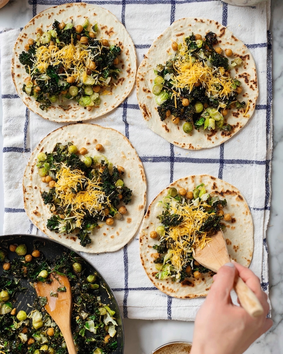 The image shows four flatbreads laid out on a white cloth with blue grid lines, placed on a white marbled surface, each flatbread with two visible layers: a base layer of lightly toasted flatbread and a scattered layer of shredded yellow and white cheese, with three of the flatbreads topped with a mix of cooked dark green leafy vegetables, light green small Brussels sprouts, and small chickpeas, all spread evenly. A woman's hand and a wooden spoon are adding this vegetable and chickpea mixture to one of the flatbreads in the lower right corner. There's also a dark frying pan in the lower left corner filled with the same vegetable mix. Photo taken with an iphone --ar 4:5 --v 7