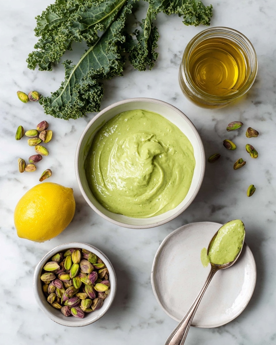 A smooth, light green sauce sits in a white bowl at the center, with its creamy texture showing gentle swirls. Next to it, a smaller white bowl holds a handful of whole pistachios, showcasing their green and purple tints. A bright yellow lemon rests on the white marbled surface nearby, alongside scattered green kale leaves that add a fresh touch. A clear glass jar filled with golden olive oil is placed at the top right. A white plate to the right holds a silver spoon that carries some of the green sauce, showing its thick texture clearly. The whole scene is set on a clean, white marbled surface. photo taken with an iphone --ar 4:5 --v 7