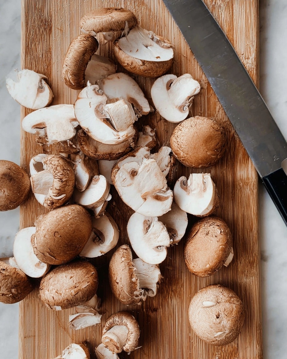 The image shows a wooden board covered with many brown mushrooms, some whole and some sliced. The mushrooms have light brown smooth skins with a white inside showing clearly in the sliced pieces. They are scattered around the board, with a large metal knife with a black handle placed on the right side. The wooden board sits on a surface that should be shown as white marble for the generation. photo taken with an iphone --ar 4:5 --v 7